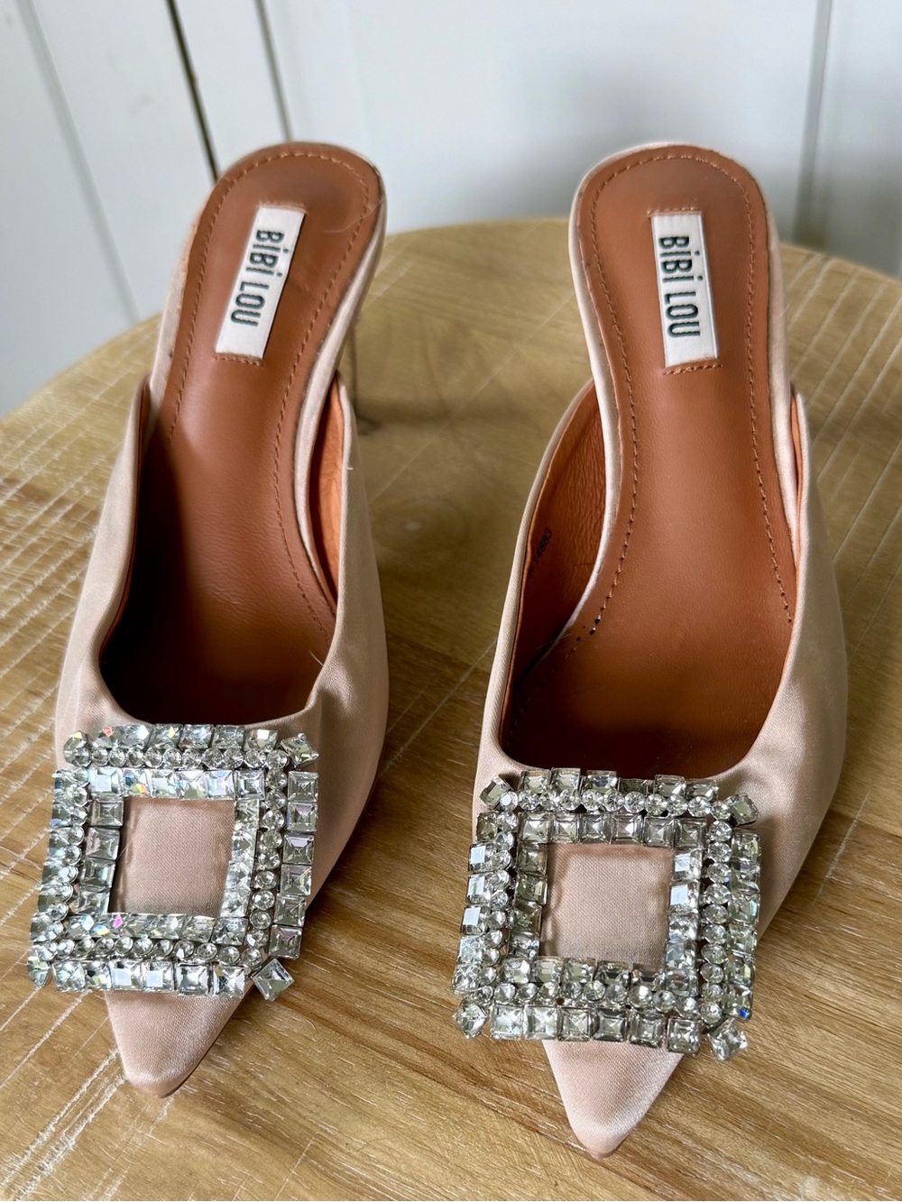Brand New!! Bibi Lou Satin Pointed Toe Mules with Crystal Buckle - Size 6